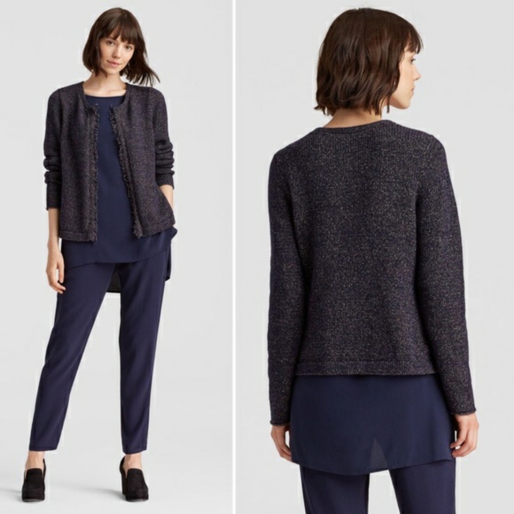 Eileen Fisher Wool Blue Fringed Edge Cardigan